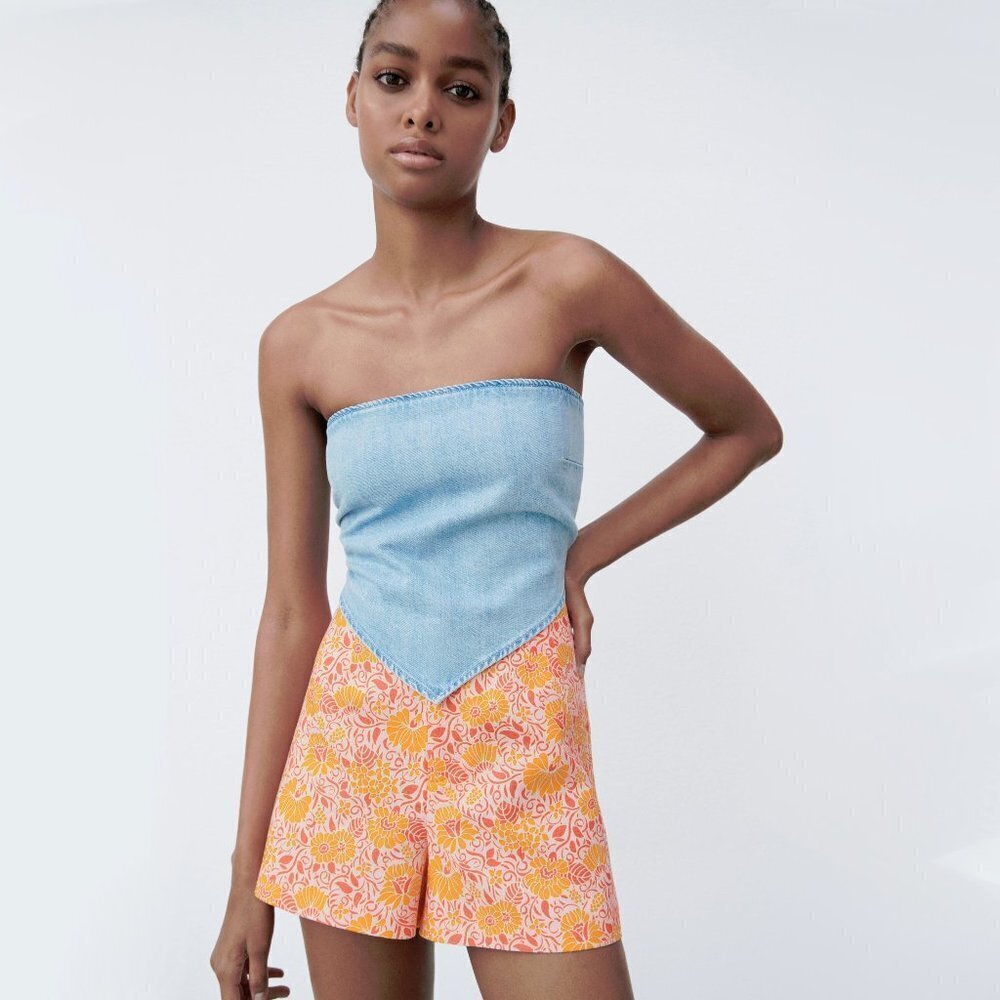 NWT Zara pink, orange & lilac floral print linen cotton blend shorts, XS